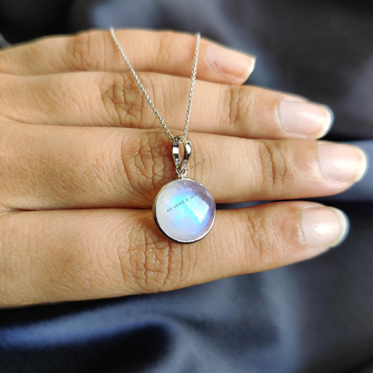 Natural Rainbow Moonstone 14K Solid White Gold Pendant, June Birthstone