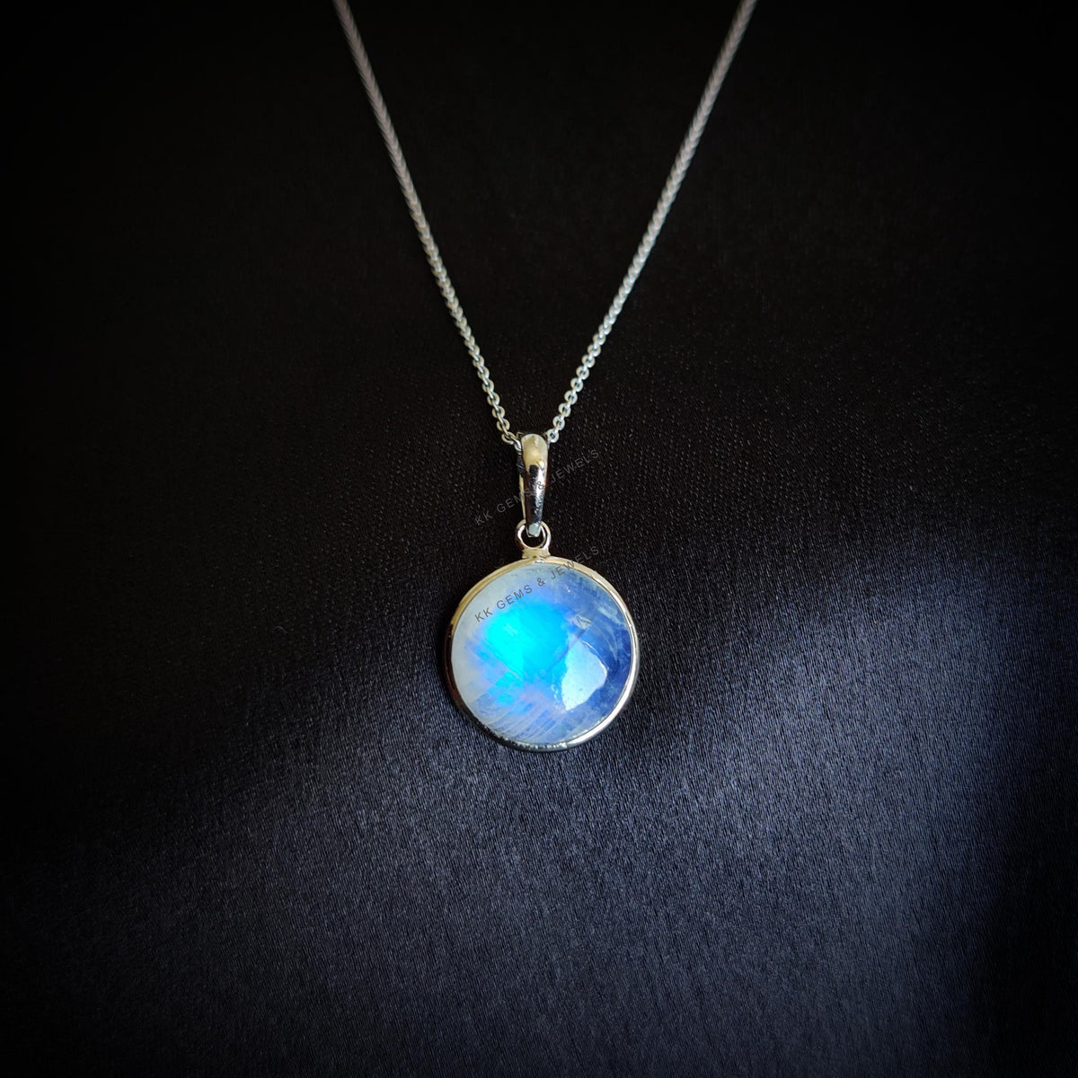 Natural Rainbow Moonstone 14K Solid White Gold Pendant, June Birthstone