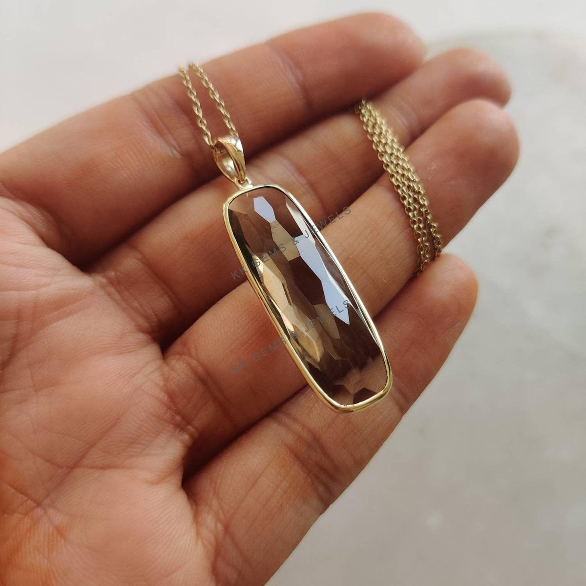 14K Solid Yellow Gold Natural Smoky Quartz Bezel Pendant, Rectangle Cut