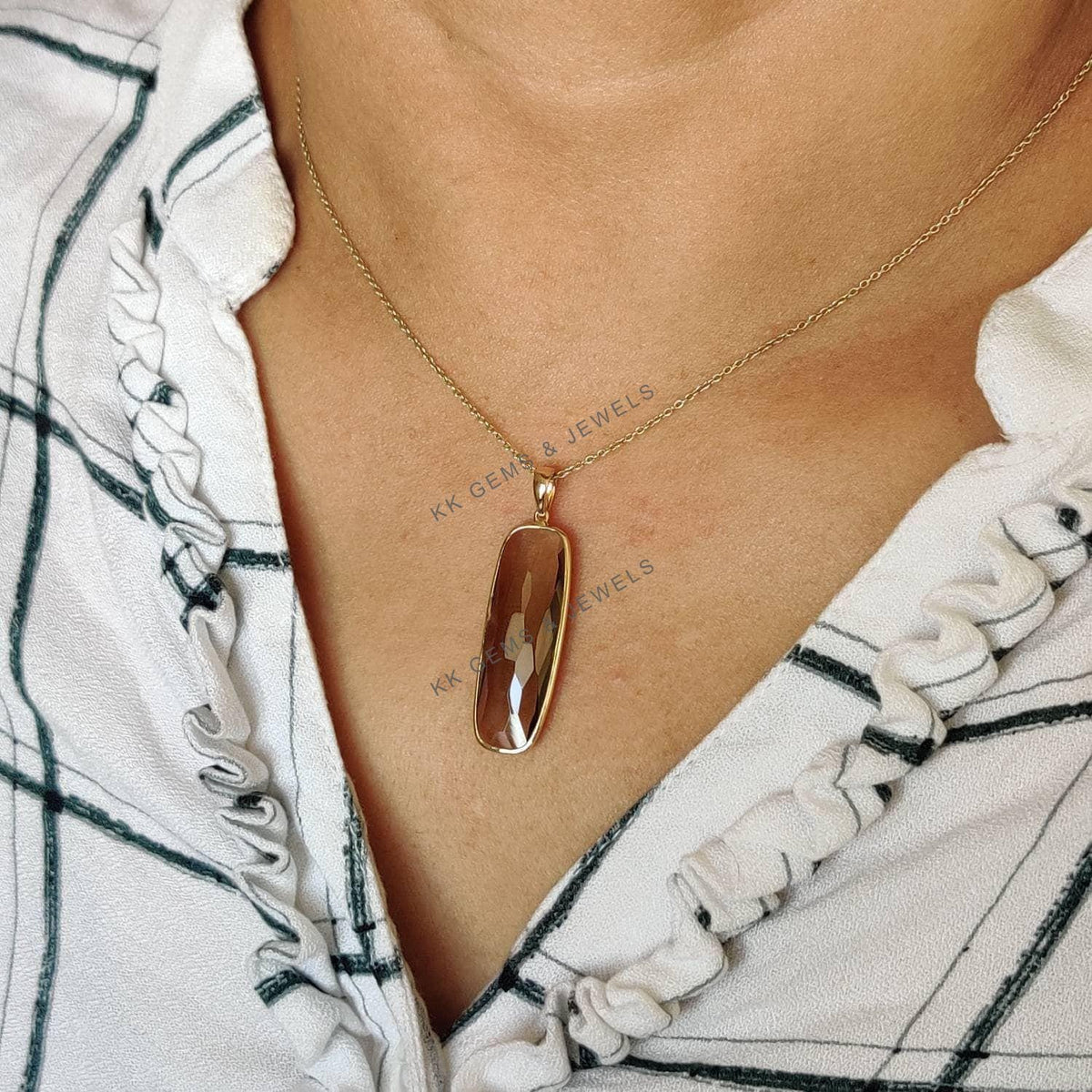 14K Solid Yellow Gold Natural Smoky Quartz Bezel Pendant, Rectangle Cut