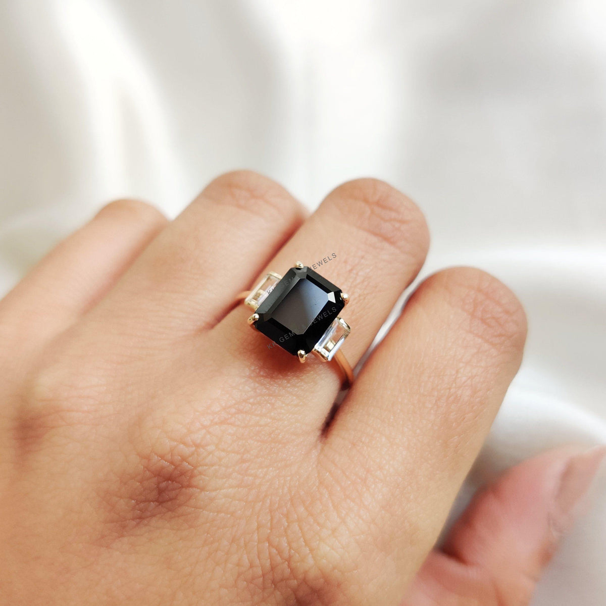 Natural Black Onyx & White Topaz Ring, 14K Solid Yellow Gold, Statement Ring