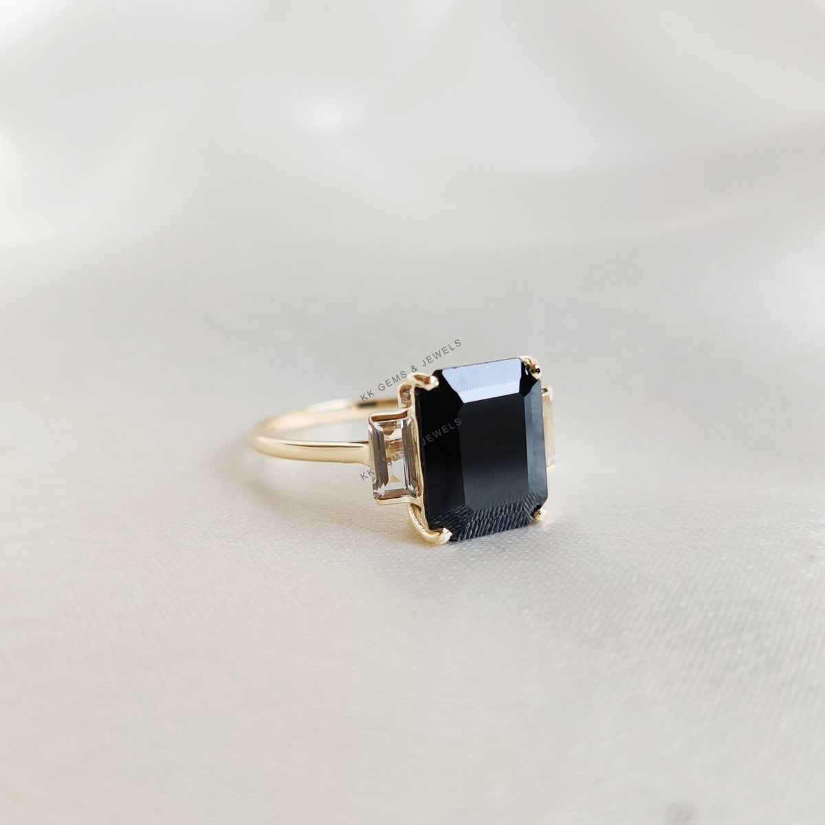 Natural Black Onyx & White Topaz Ring, 14K Solid Yellow Gold, Statement Ring