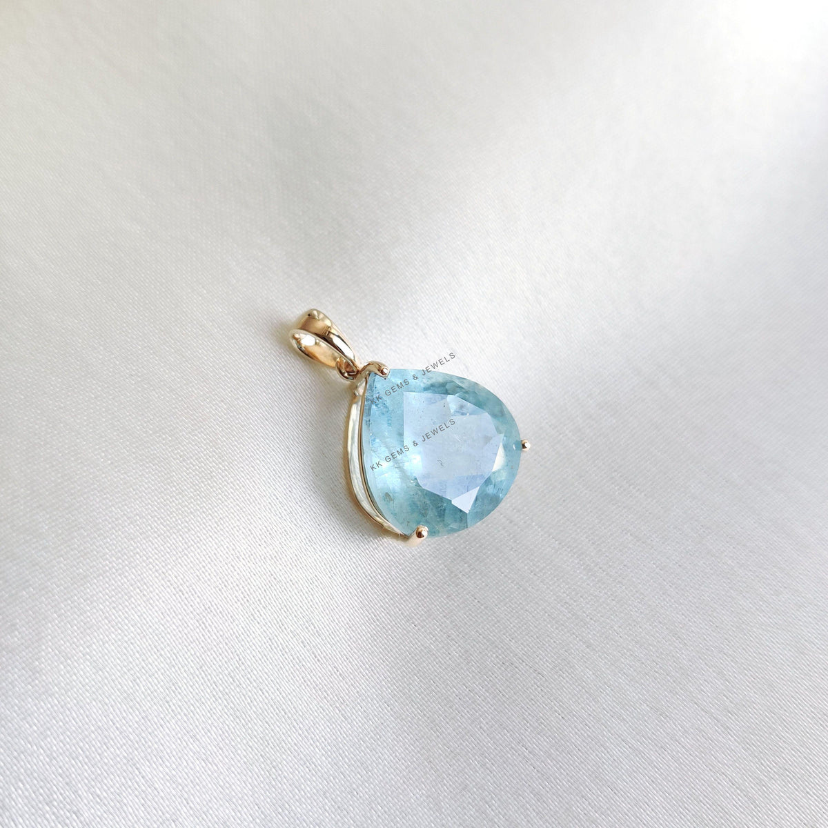 Pear Natural Aquamarine Pendant, 14K Solid Yellow Gold, March Birthstone