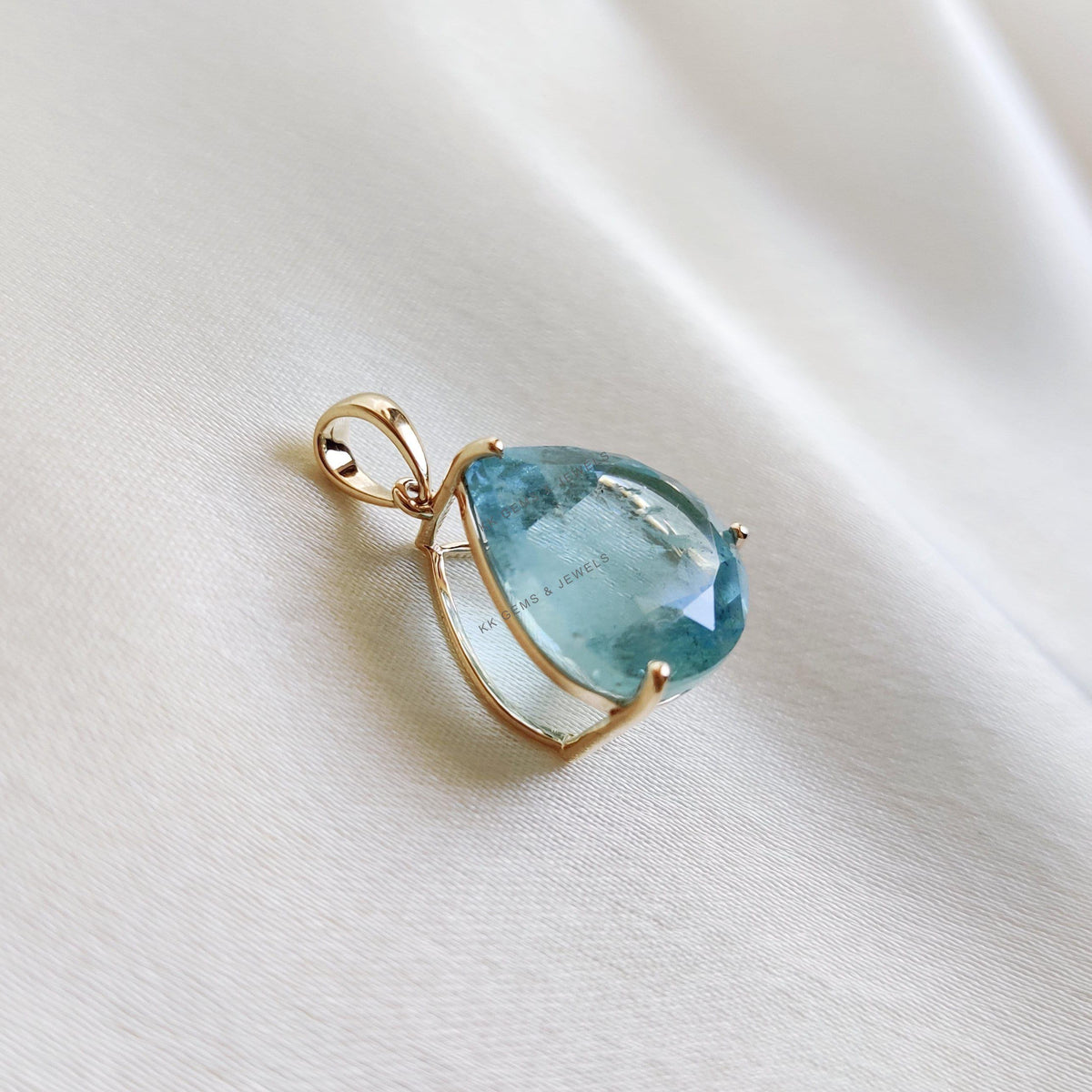 Pear Natural Aquamarine Pendant, 14K Solid Yellow Gold, March Birthstone