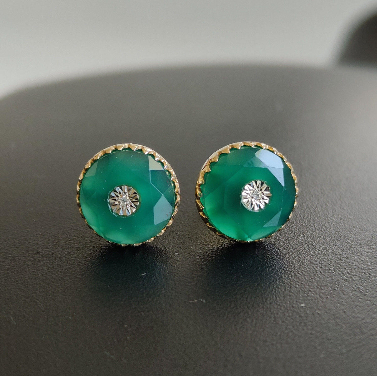 Natural Green Onyx & Diamond Stud Earrings, 14K Solid Yellow Gold, May Birthstone
