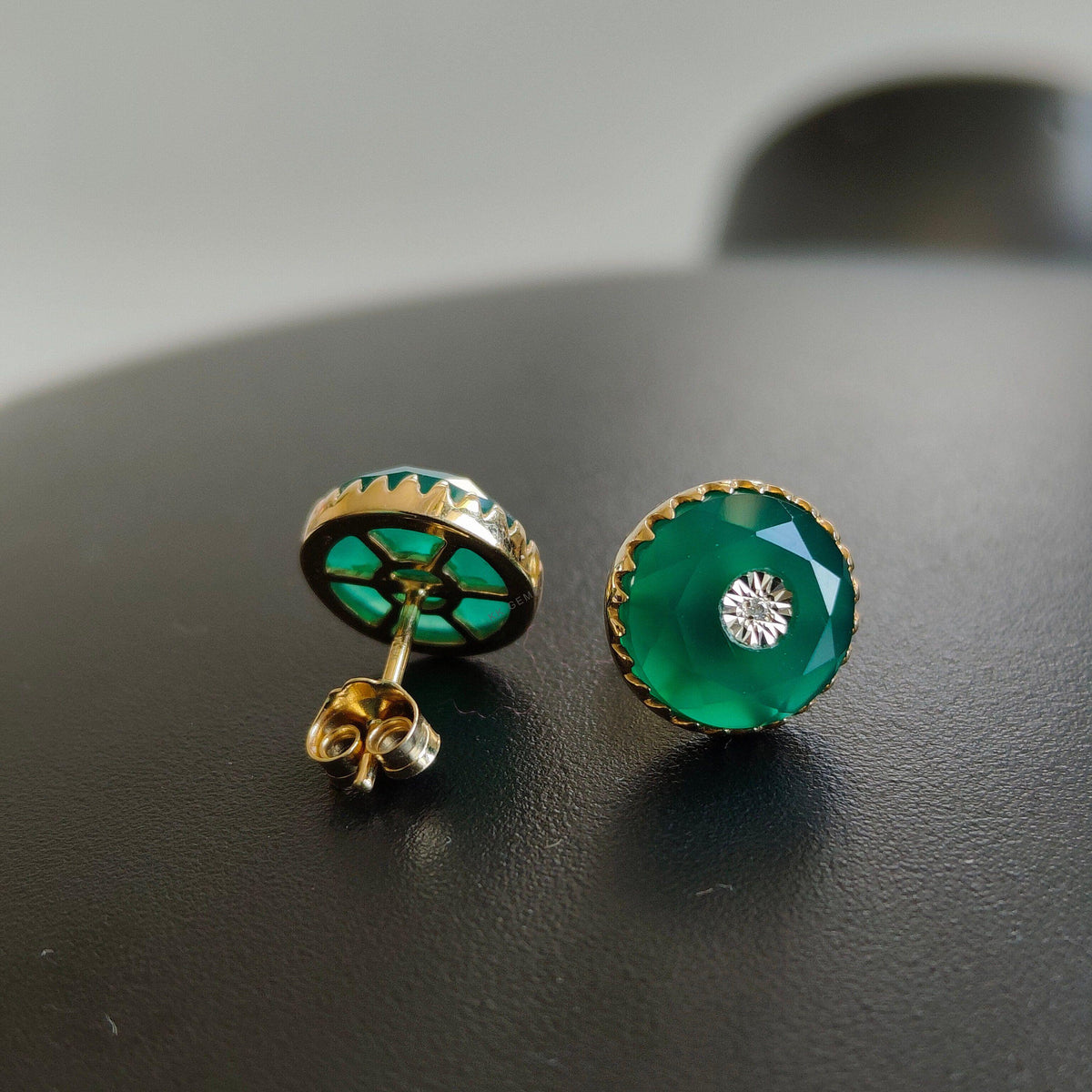 Natural Green Onyx & Diamond Stud Earrings, 14K Solid Yellow Gold, May Birthstone