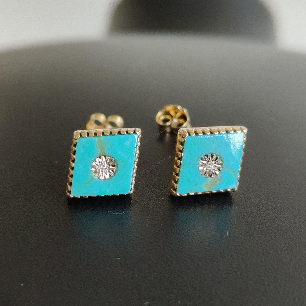 14K Solid Yellow Gold Natural Arizona Turquoise & Diamond Studs, December Birthstone