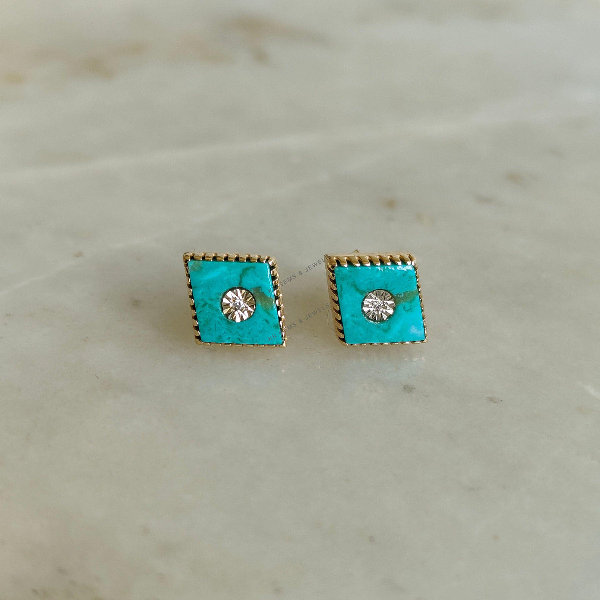 14K Solid Yellow Gold Natural Arizona Turquoise & Diamond Studs, December Birthstone