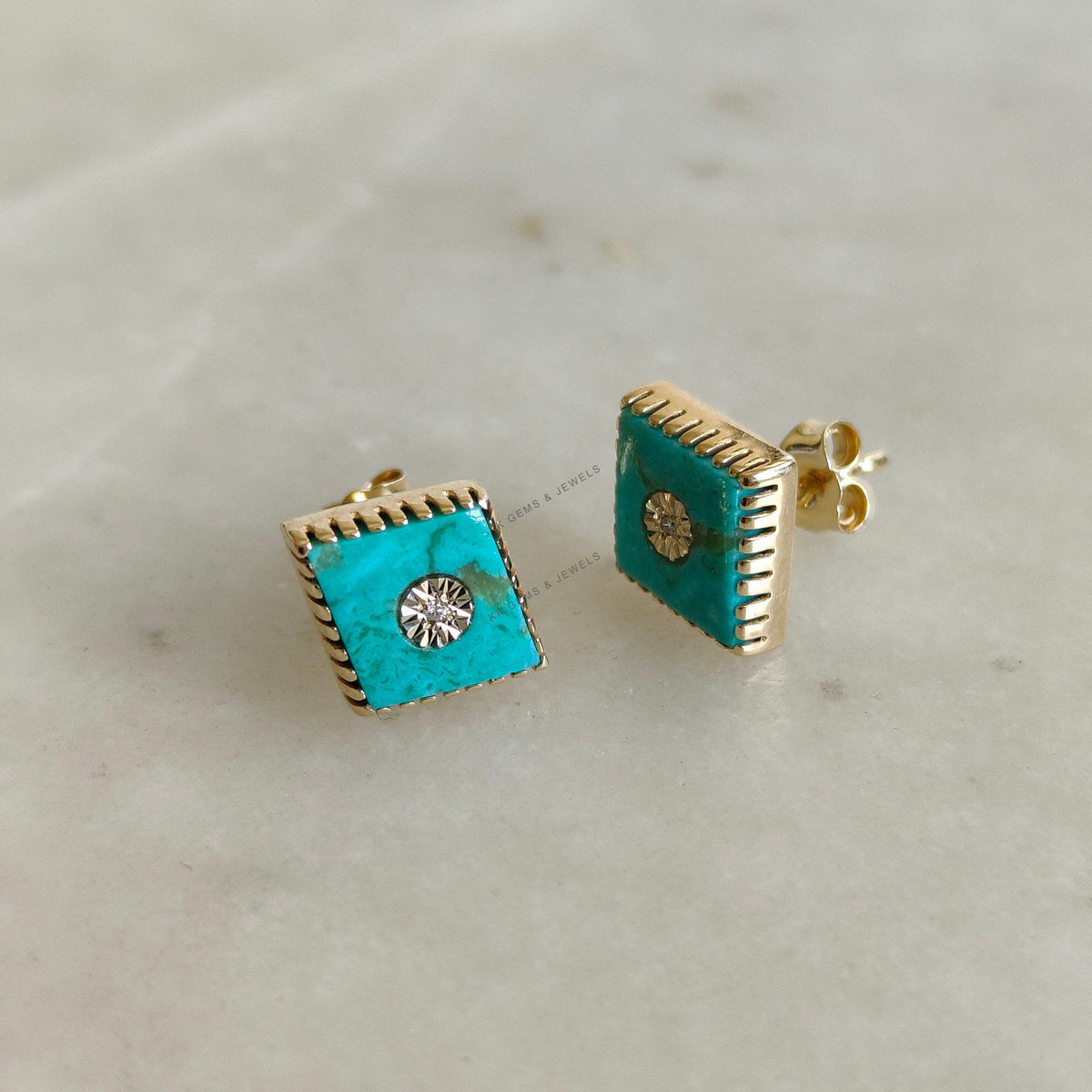 14K Solid Yellow Gold Natural Arizona Turquoise & Diamond Studs, December Birthstone