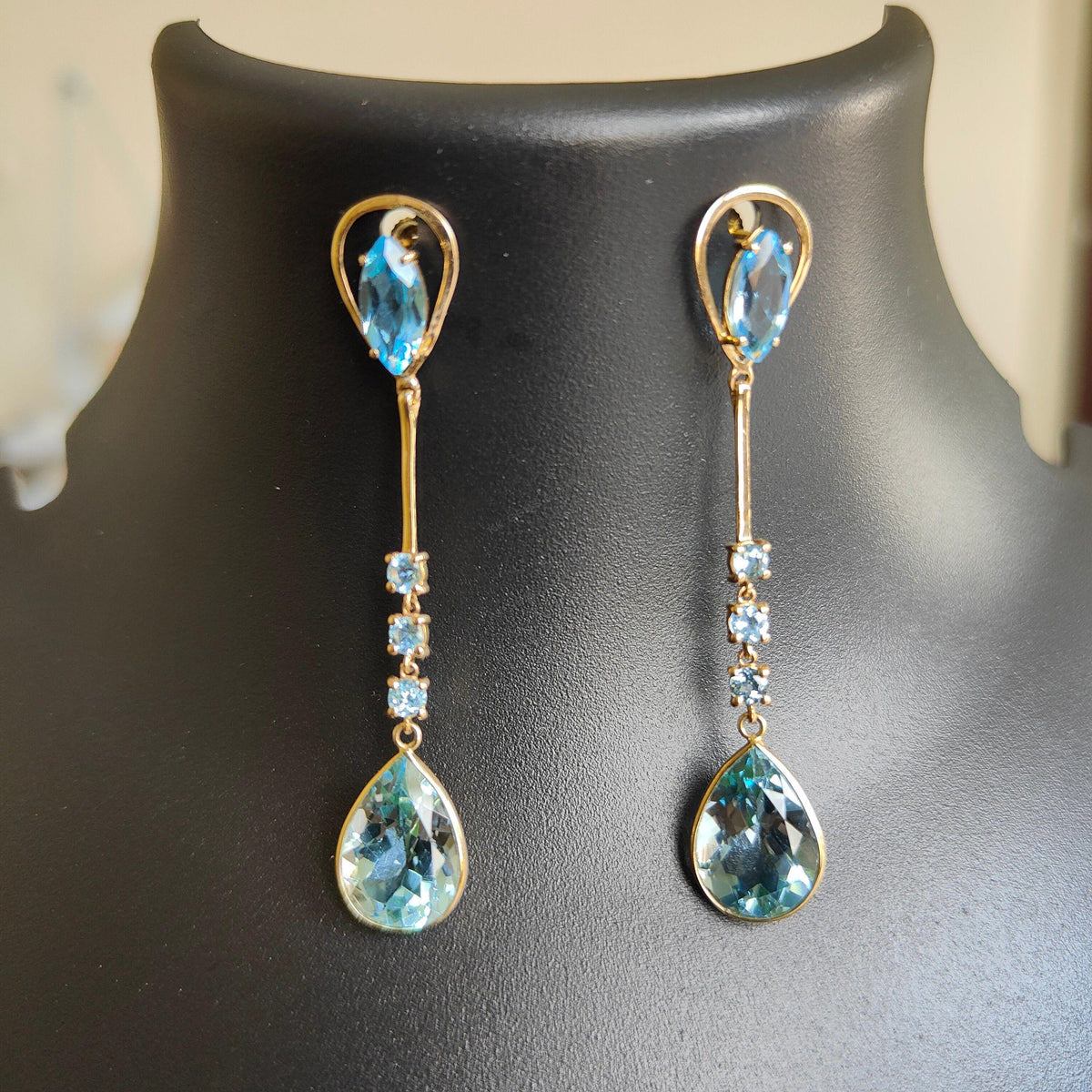 Natural Sky Blue Topaz Earrings, 14K Solid Yellow Gold Dangler Studs, December Birthstone