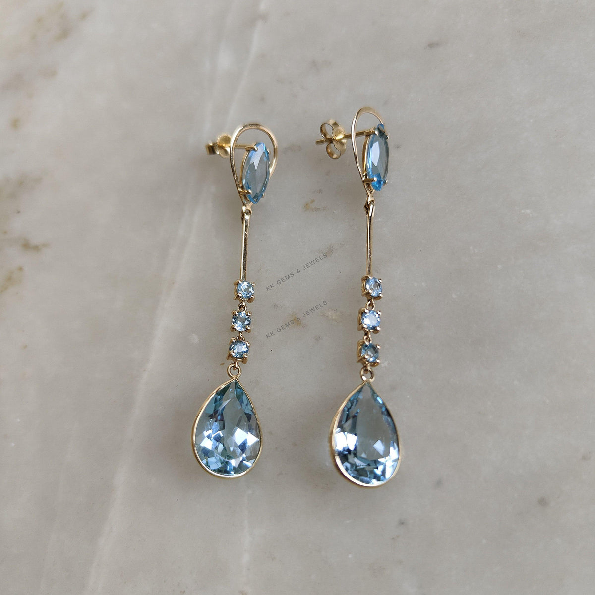 Natural Sky Blue Topaz Earrings, 14K Solid Yellow Gold Dangler Studs, December Birthstone