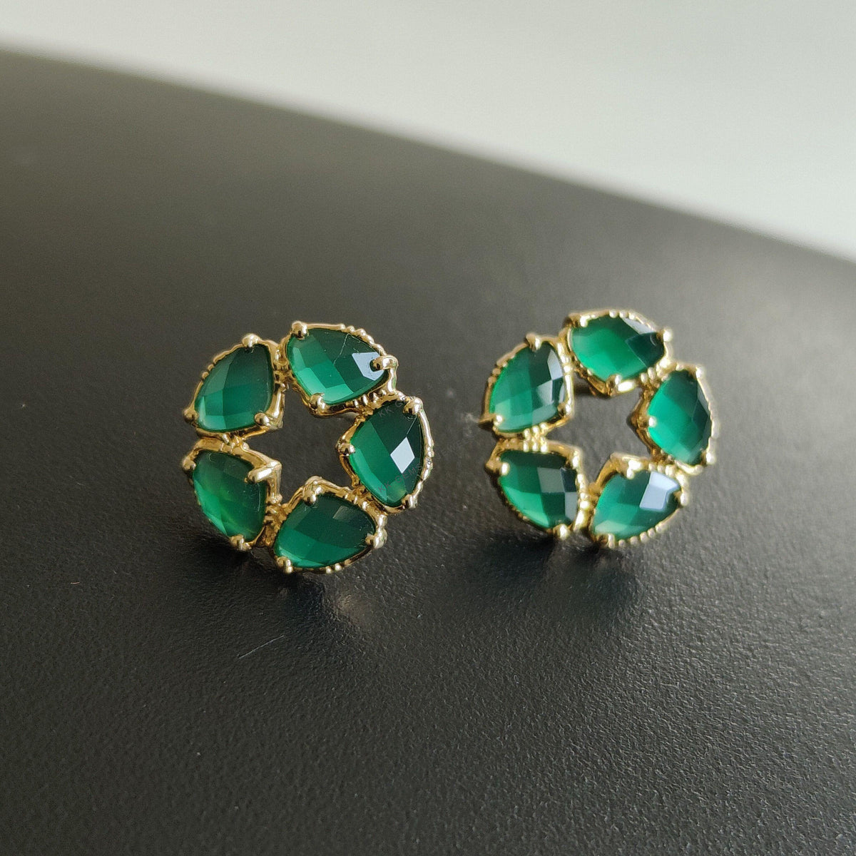 14K Solid Yellow Gold Natural Green Onyx Stud Earrings, May Birthstone