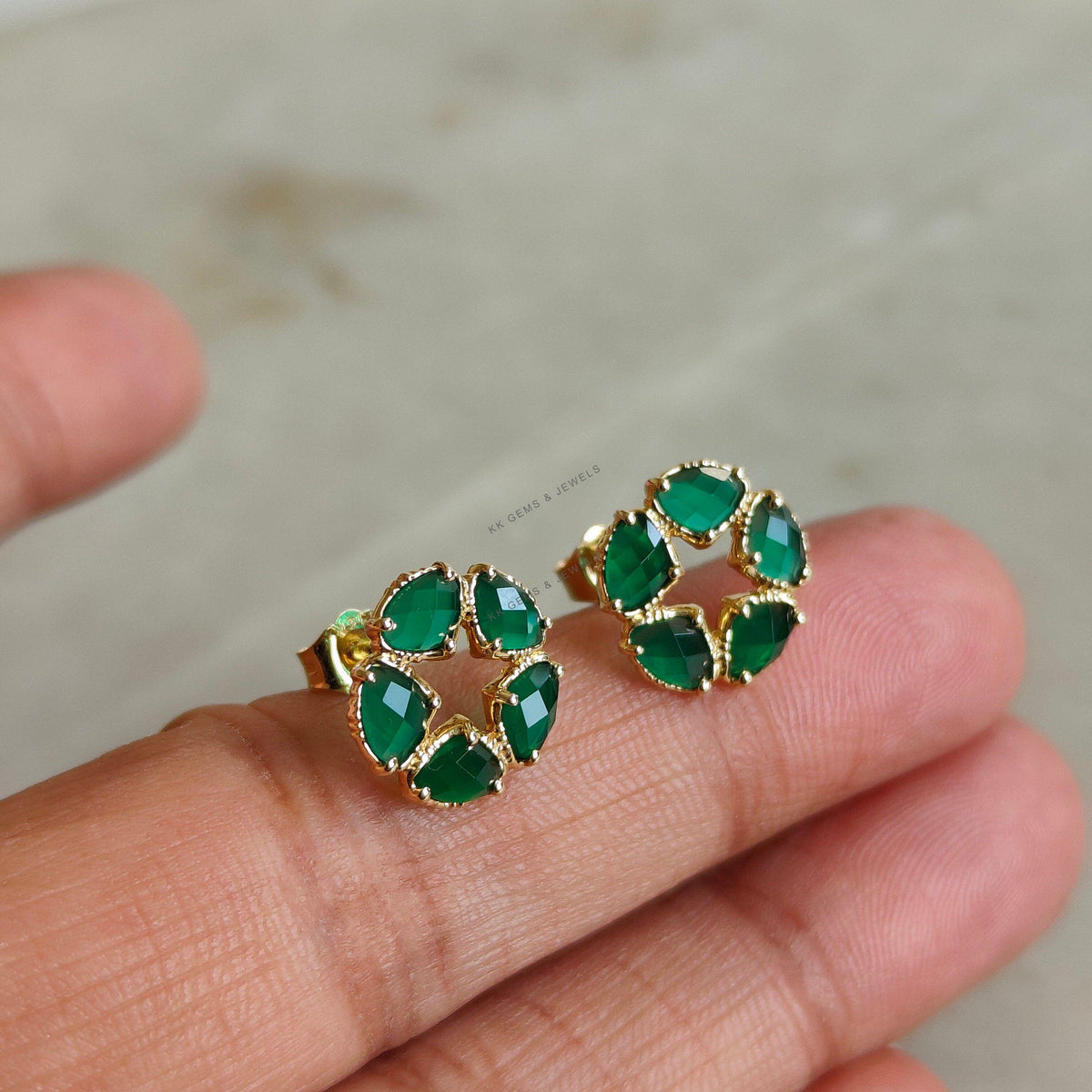 14K Solid Yellow Gold Natural Green Onyx Stud Earrings, May Birthstone