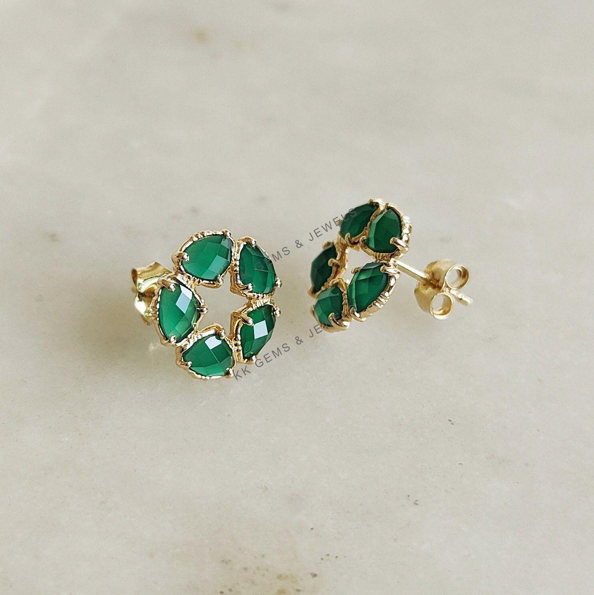 14K Solid Yellow Gold Natural Green Onyx Stud Earrings, May Birthstone