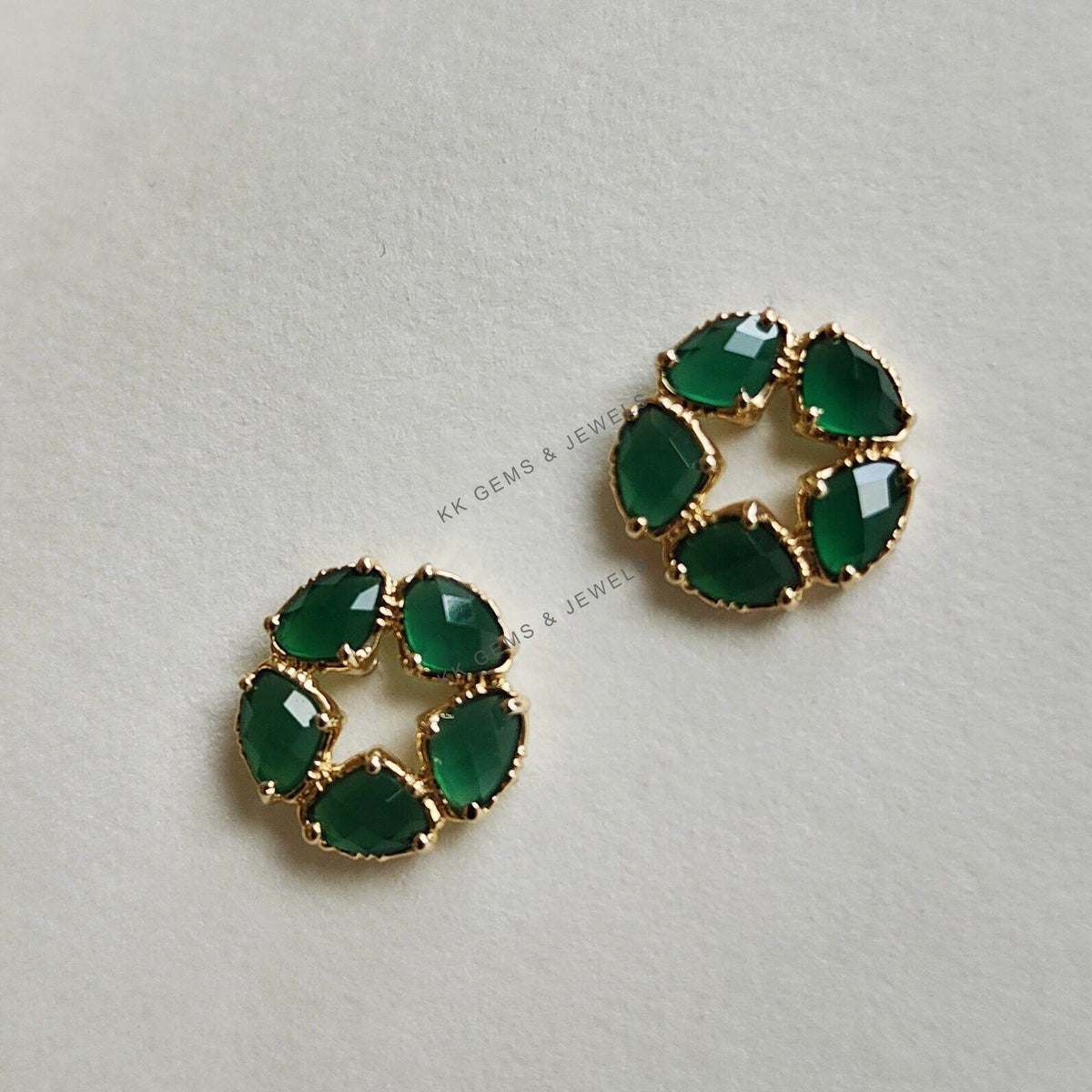14K Solid Yellow Gold Natural Green Onyx Stud Earrings, May Birthstone