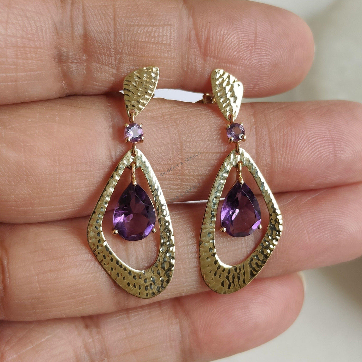 Natural Purple Amethyst Drop Earrings, 14K Solid Yellow Gold, February Birthstone