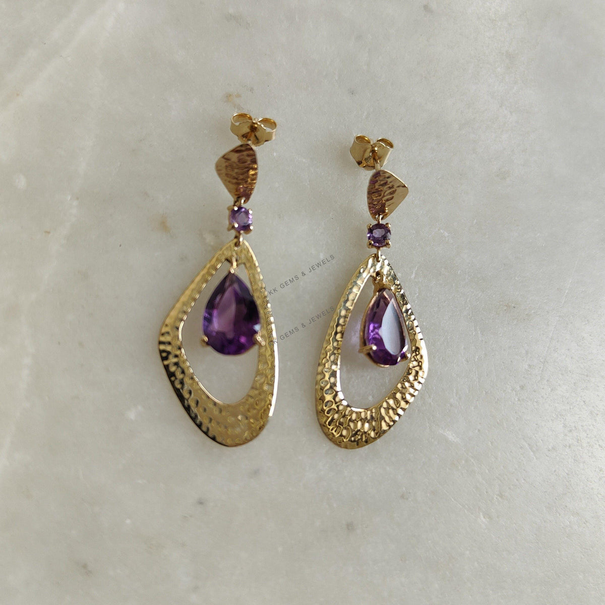 Natural Purple Amethyst Drop Earrings, 14K Solid Yellow Gold, February Birthstone