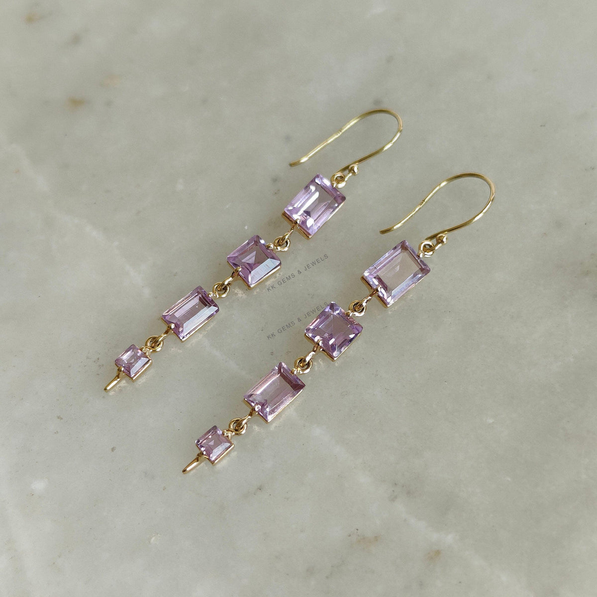 14K Solid Yellow Gold Natural Pink Amethyst Drop Earrings, February Birthstone