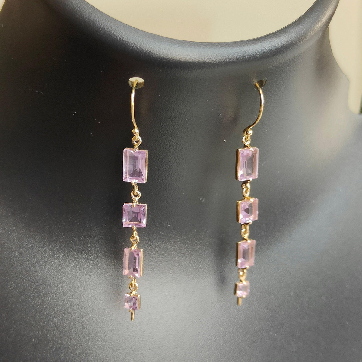 14K Solid Yellow Gold Natural Pink Amethyst Drop Earrings, February Birthstone