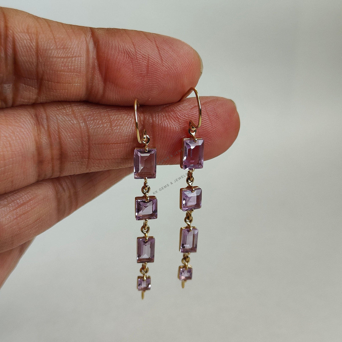 14K Solid Yellow Gold Natural Pink Amethyst Drop Earrings, February Birthstone