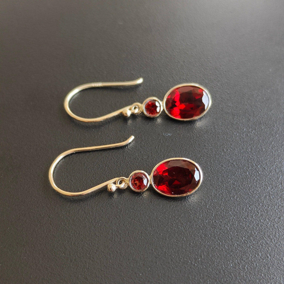 14K Solid Yellow Gold Natural Garnet Bezel Earrings, January Birthstone