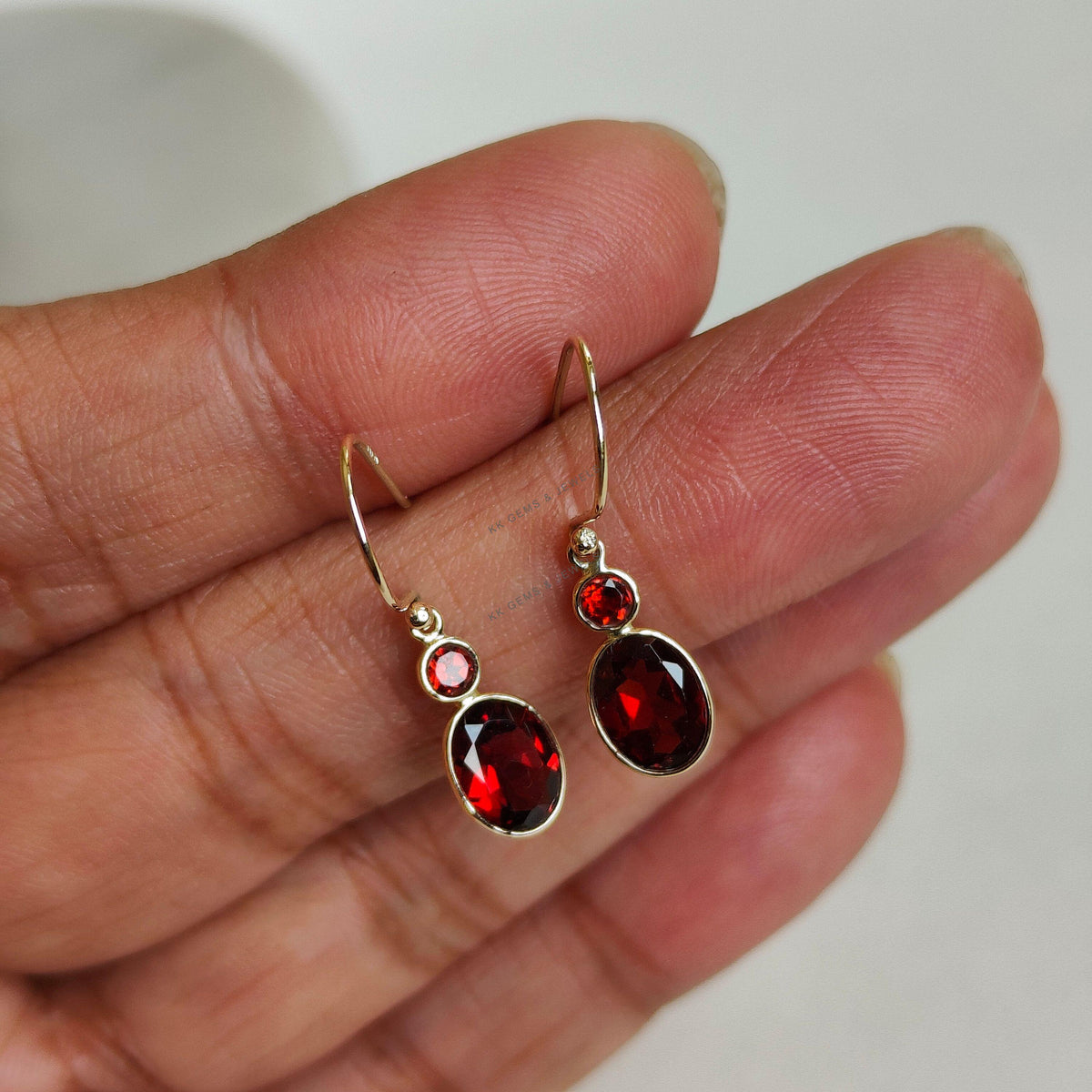 14K Solid Yellow Gold Natural Garnet Bezel Earrings, January Birthstone