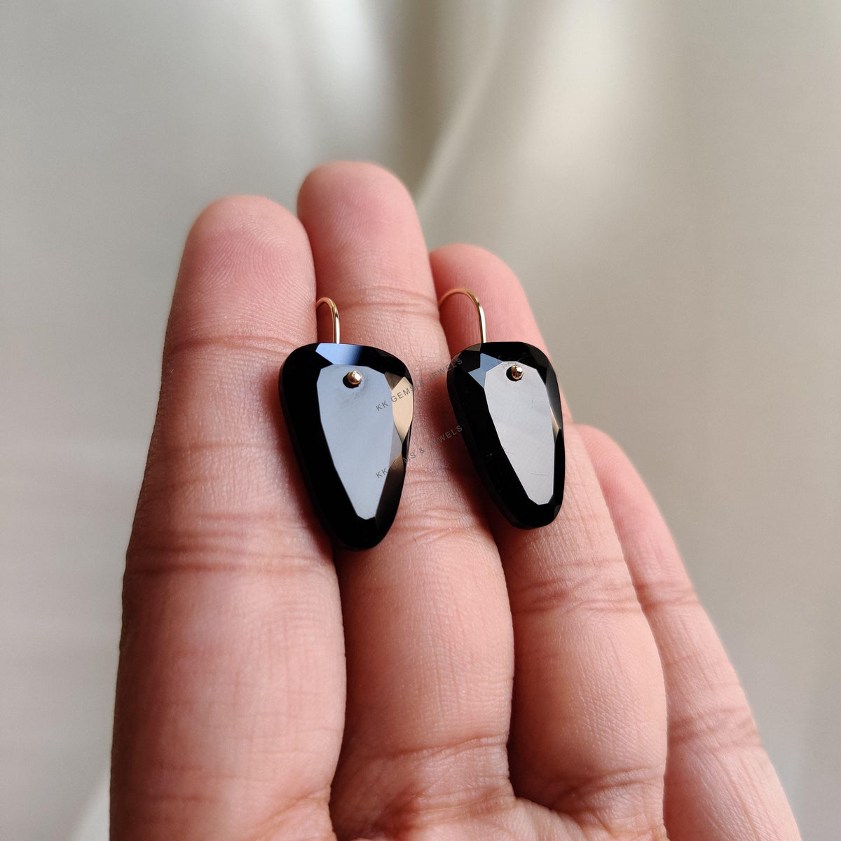 14K Solid Yellow Gold Natural Black Onyx Fancy Drill Earrings, December Birthstone