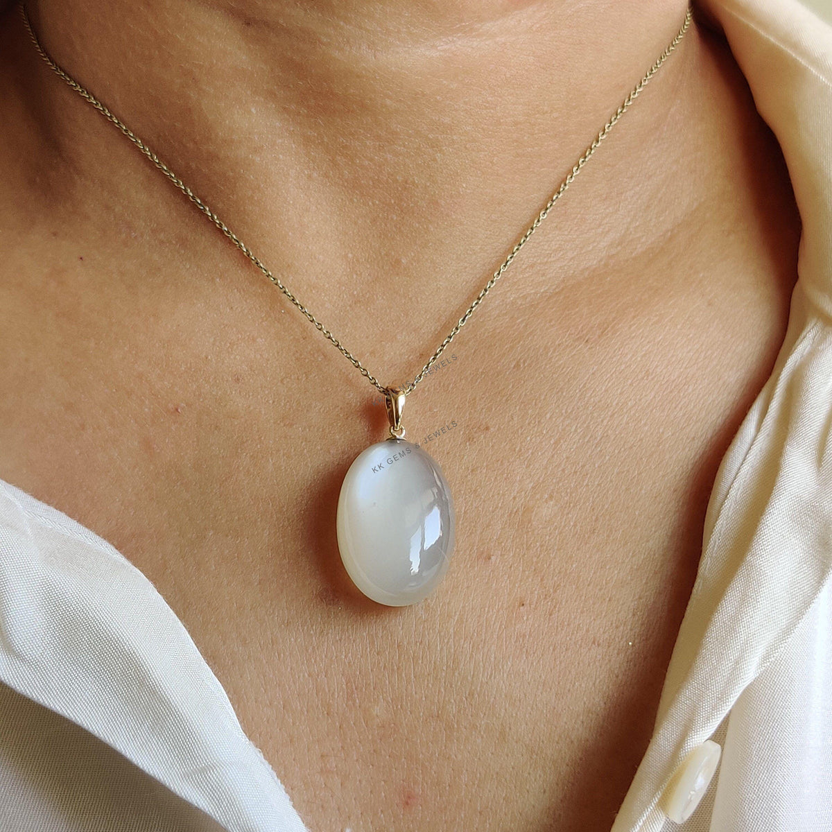 Natural White Moonstone 14K Solid Yellow Gold Drill Pendant, June Birthstone Jewelry