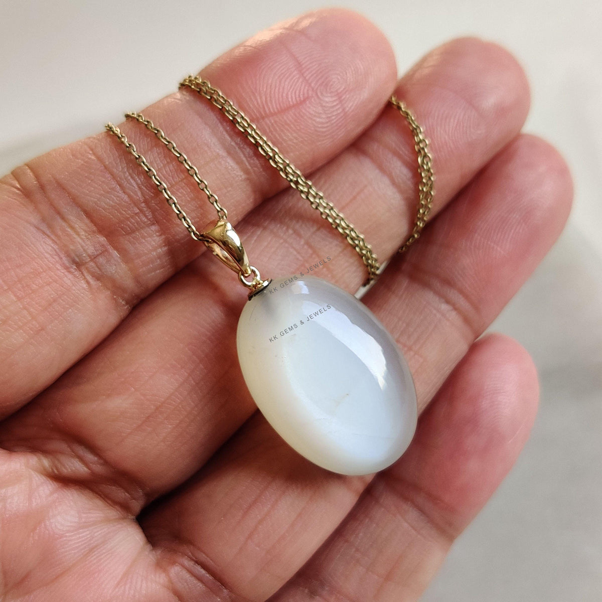 Natural White Moonstone 14K Solid Yellow Gold Drill Pendant, June Birthstone Jewelry