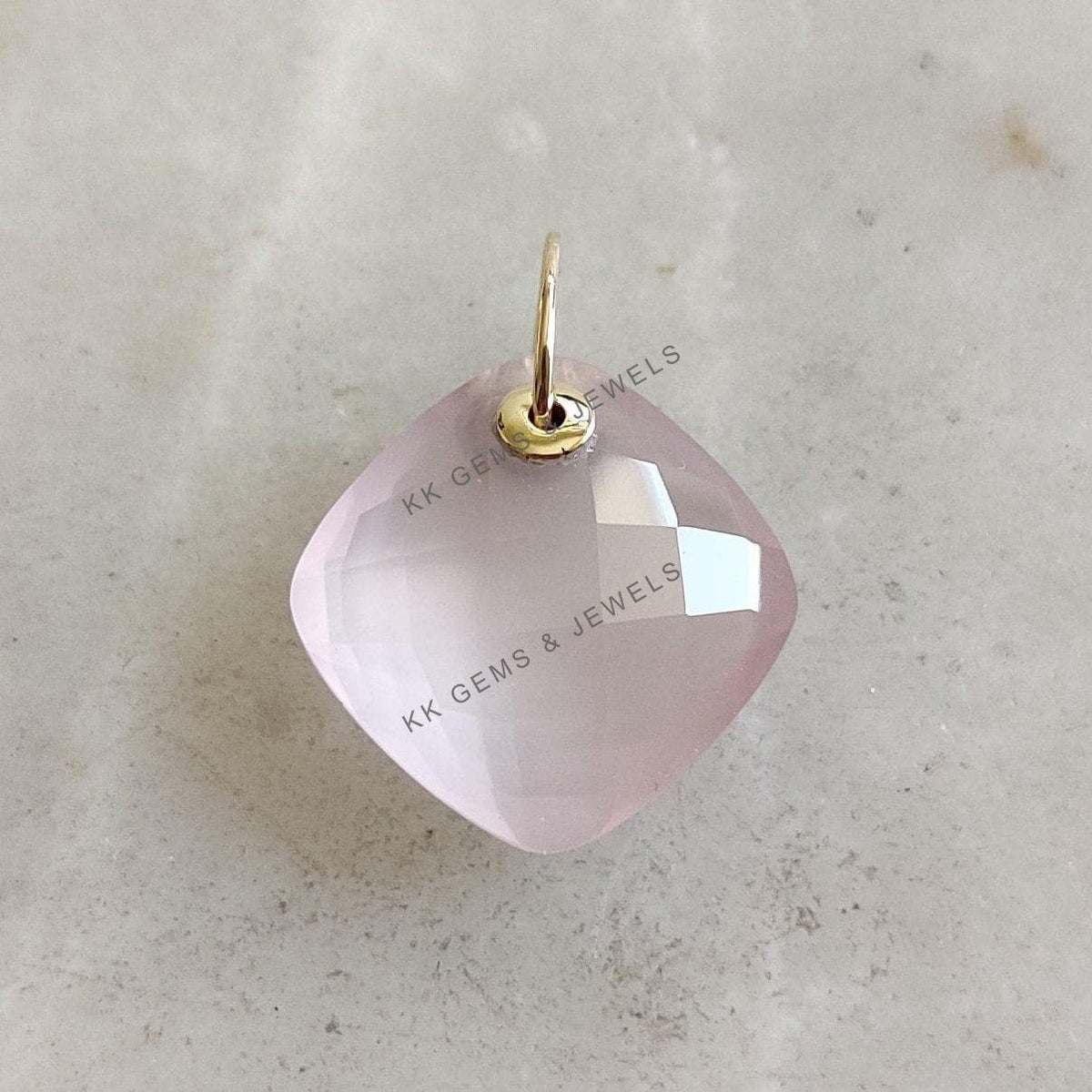 14K Solid Yellow Gold Natural Rose Quartz Square Cushion Drill Pendant, January Birthstone
