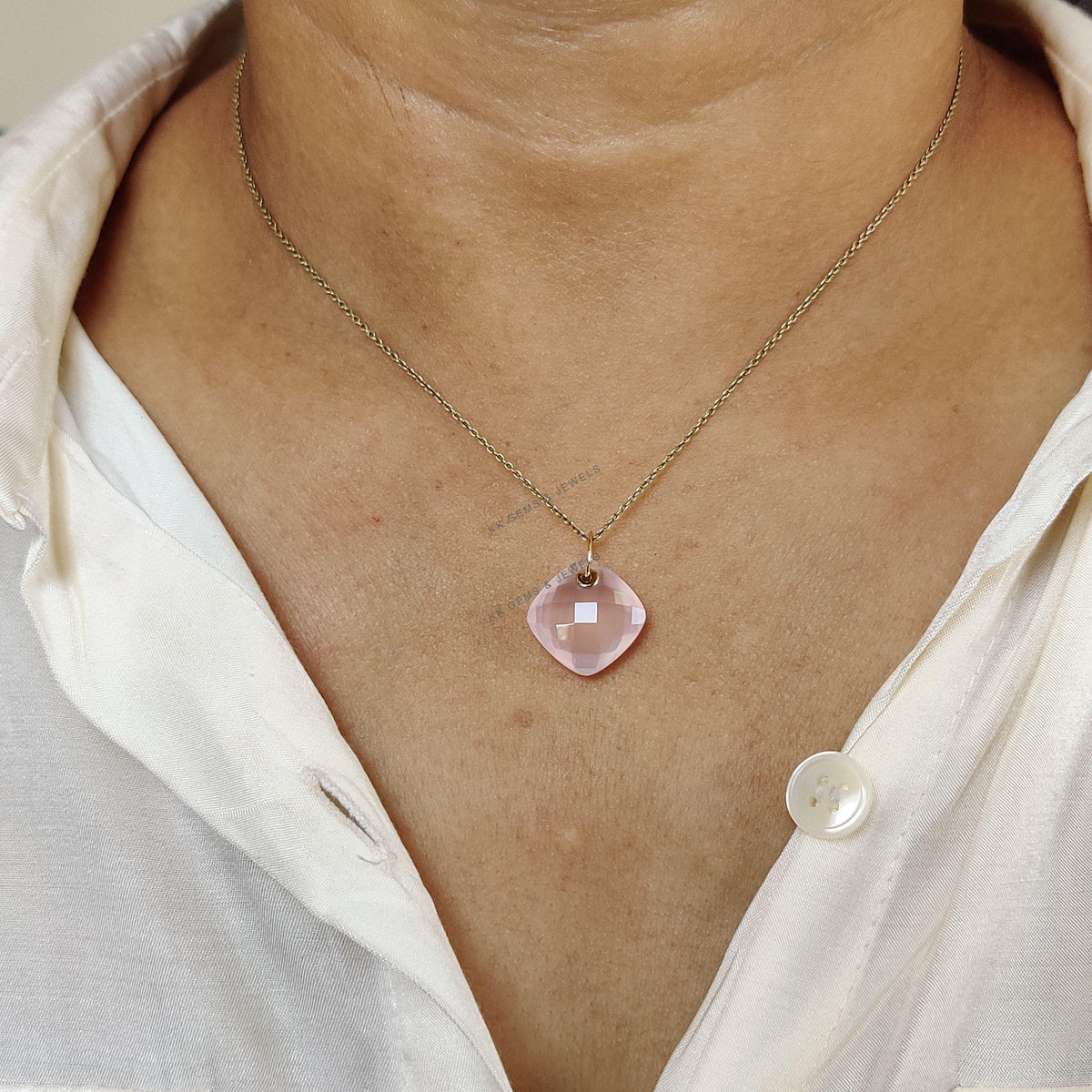 14K Solid Yellow Gold Natural Rose Quartz Square Cushion Drill Pendant, January Birthstone