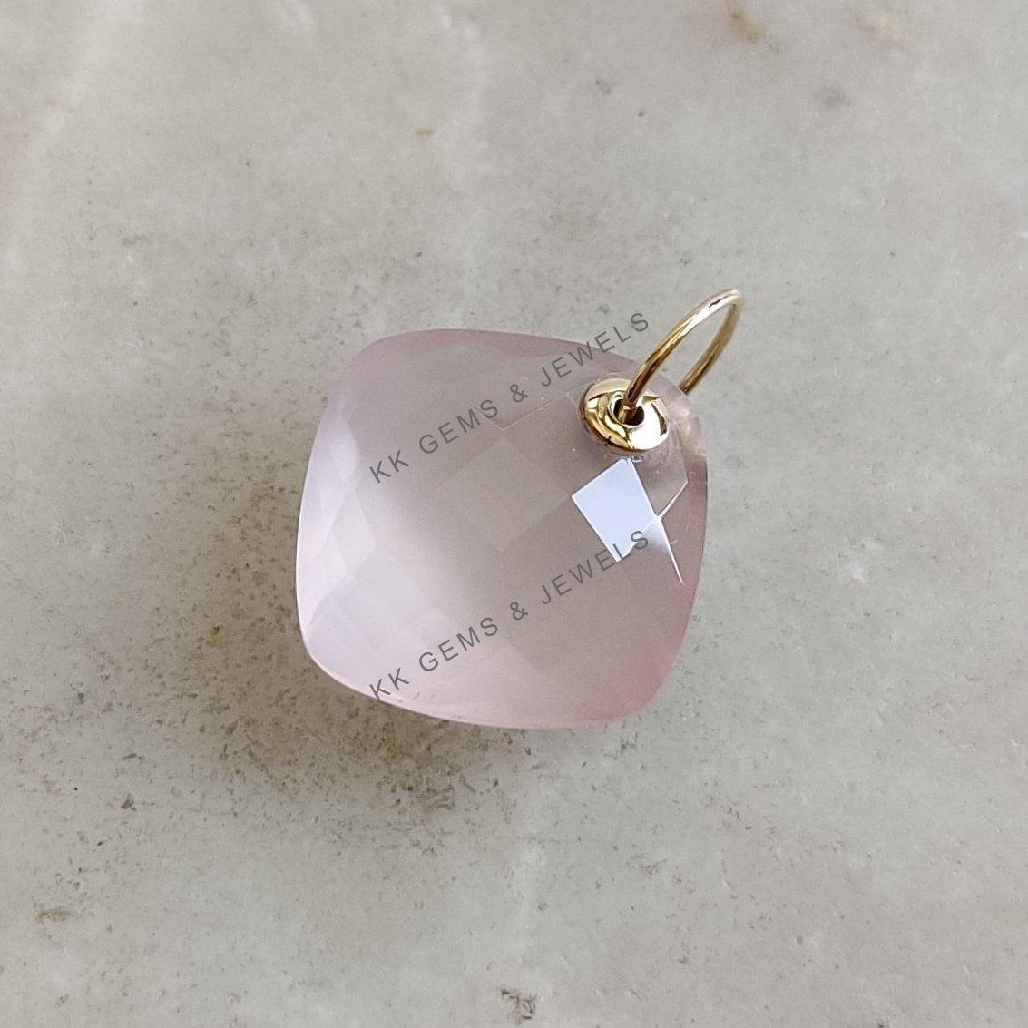 14K Solid Yellow Gold Natural Rose Quartz Square Cushion Drill Pendant, January Birthstone