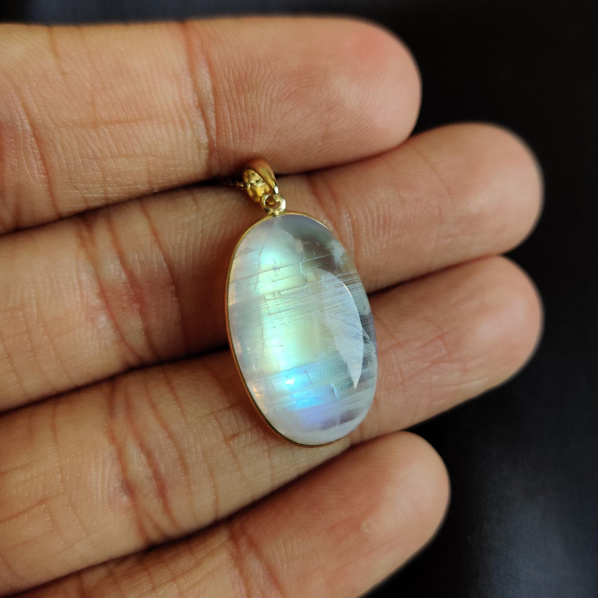 14K Solid Gold Natural Rainbow Moonstone Pendant: Oval Gemstone Jewelry