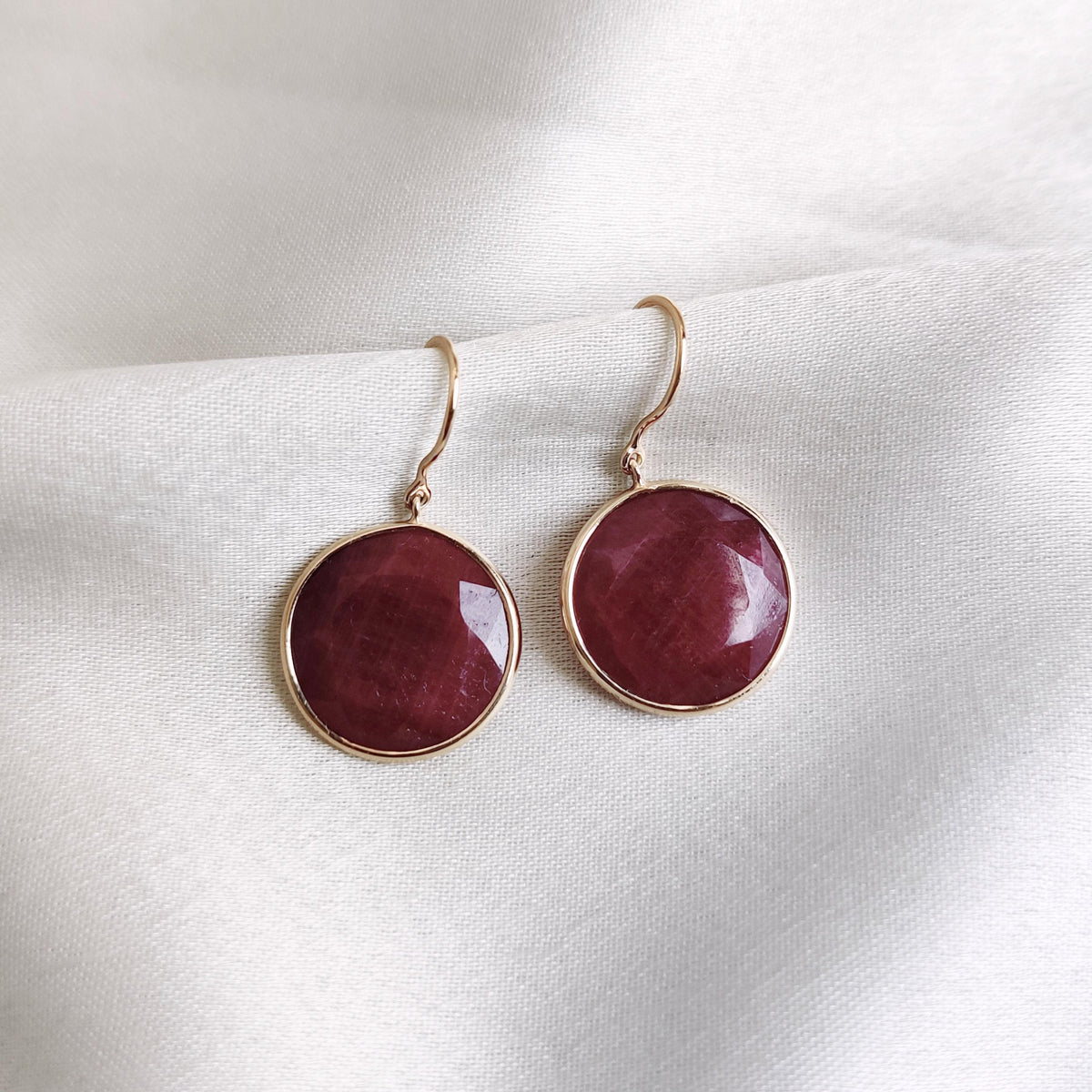 Natural Round Ruby 14K Solid Yellow Gold Bezel Earrings, July Birthstone