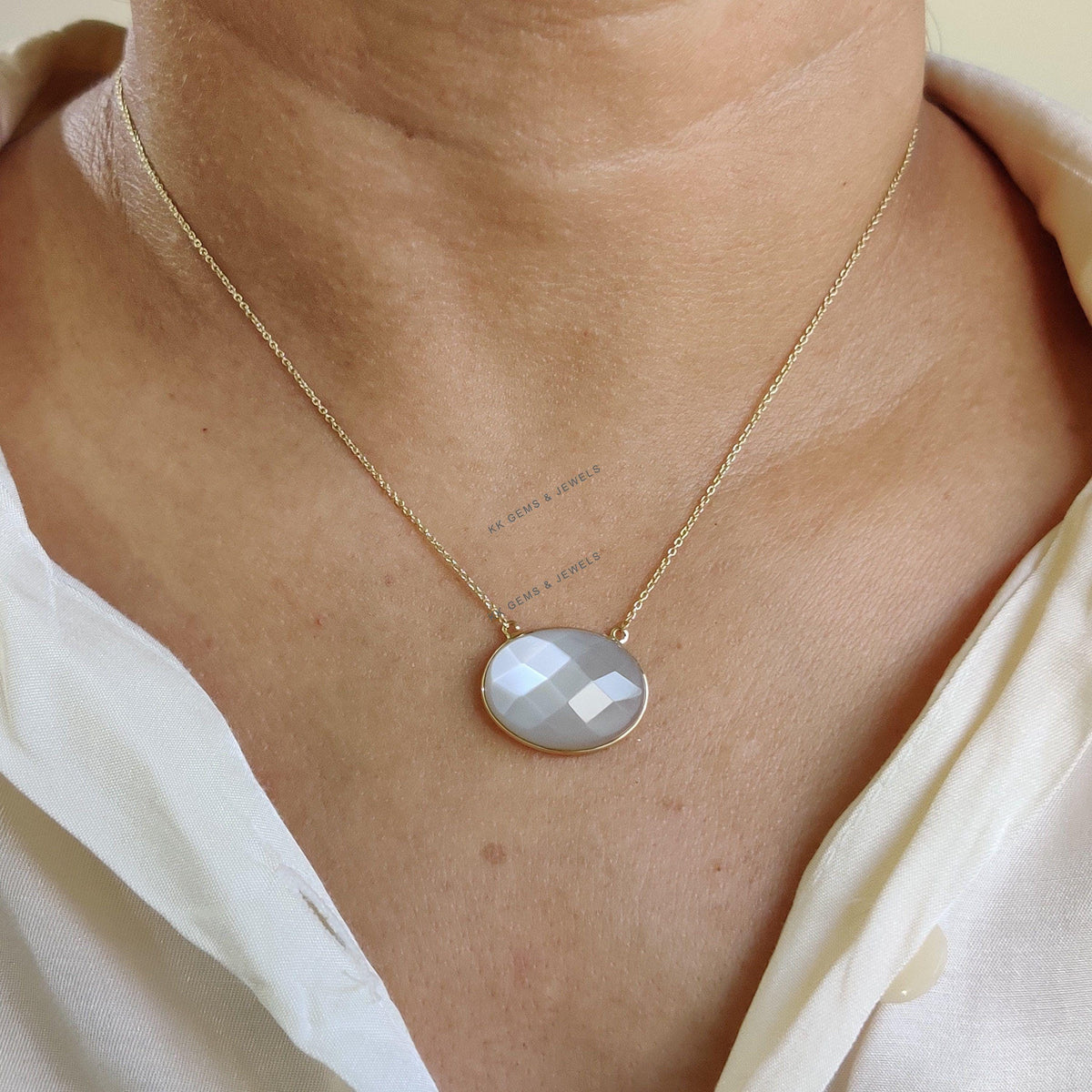 Natural White Moonstone 14K Solid Gold Chain Necklace , Oval June Birthstone