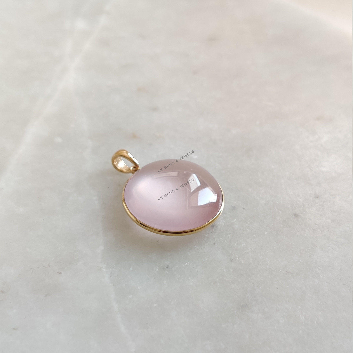 14K Solid Yellow Gold Natural Rose Quartz Round Bezel Pendant, January Birthstone