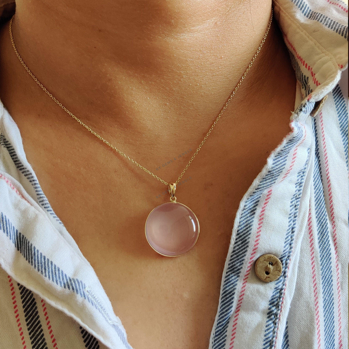 14K Solid Yellow Gold Natural Rose Quartz Round Bezel Pendant, January Birthstone
