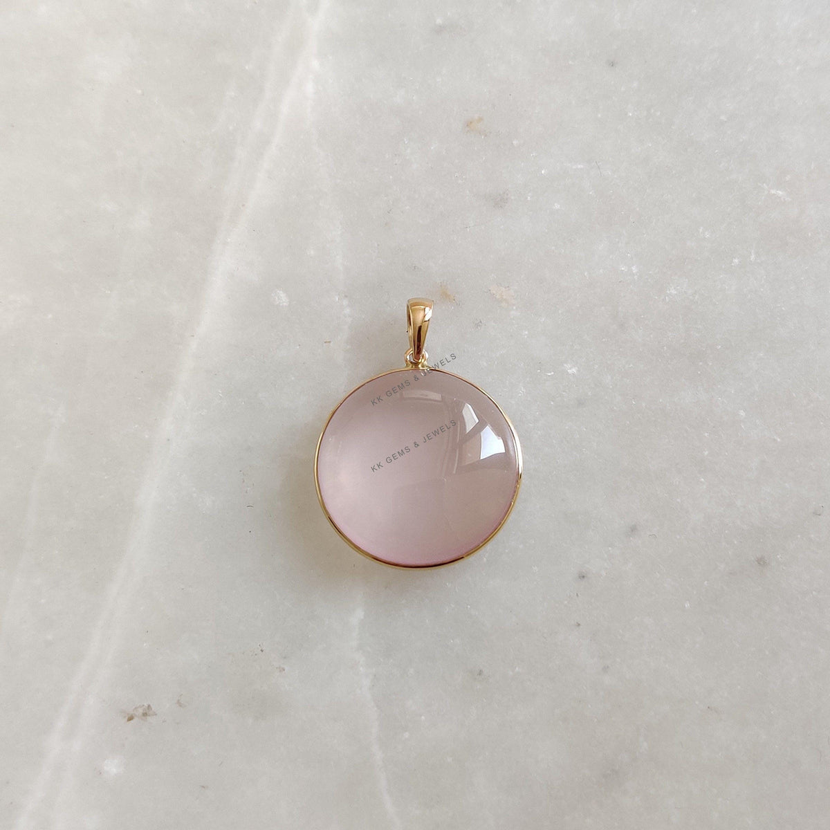 14K Solid Yellow Gold Natural Rose Quartz Round Bezel Pendant, January Birthstone