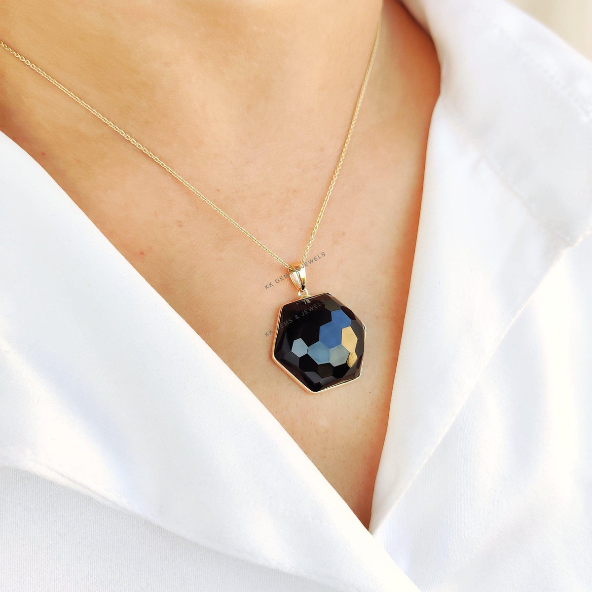 14K Solid Yellow Gold Natural Black Onyx Pendant, Hexagon Bezel Jewelry, Christmas Present