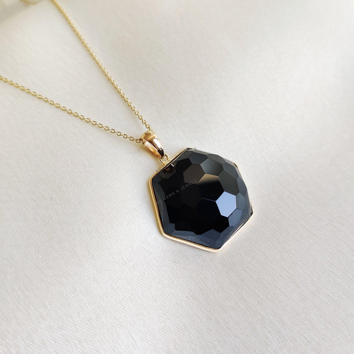 14K Solid Yellow Gold Natural Black Onyx Pendant, Hexagon Bezel Jewelry, Christmas Present