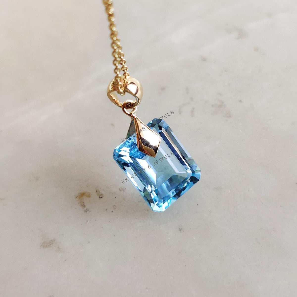 Natural Sky Blue Topaz Drill Pendant, 14K Solid Yellow Gold, December Birthstone