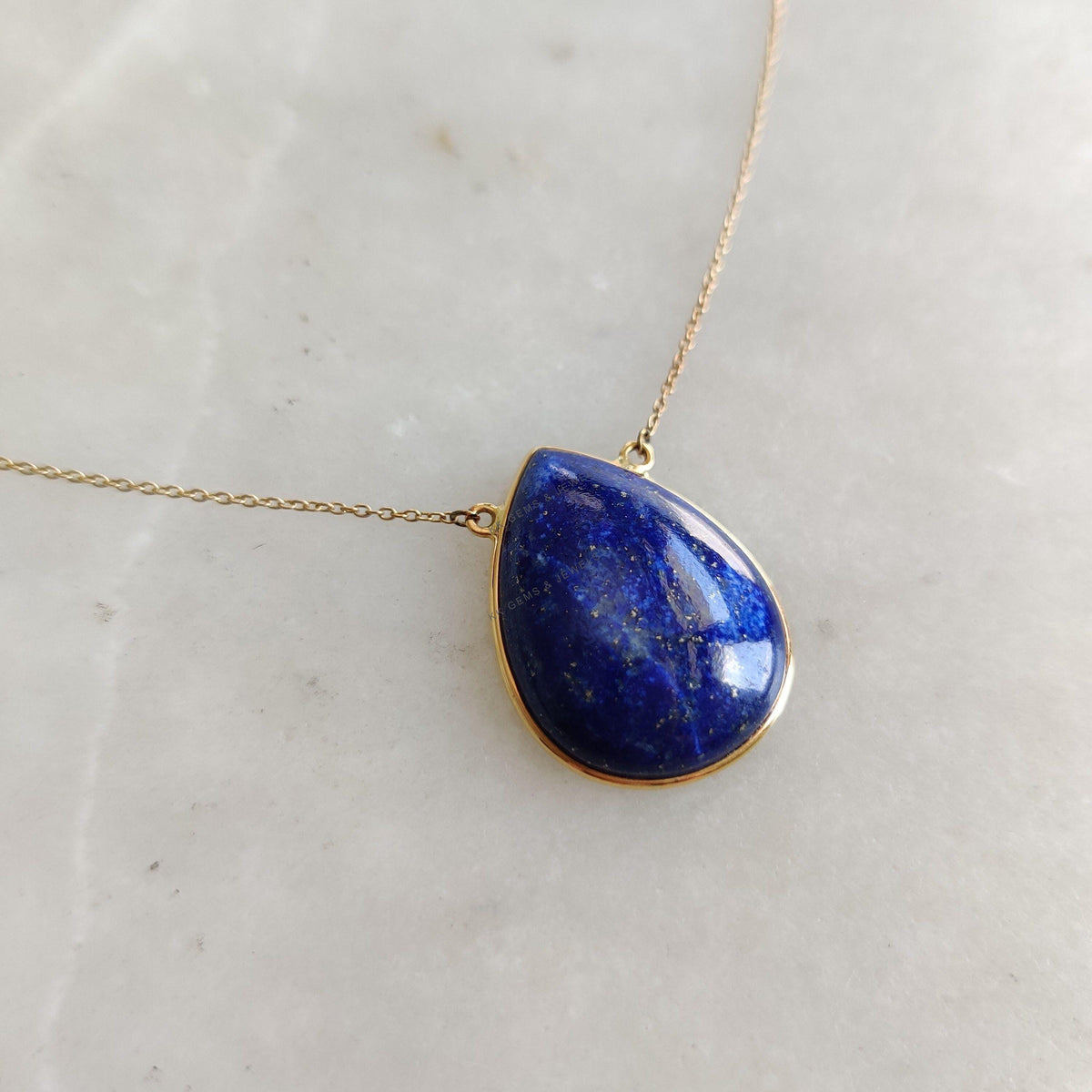 14K Solid Yellow Gold Natural Lapis Lazuli Pear Chain Necklace, September Birthstone