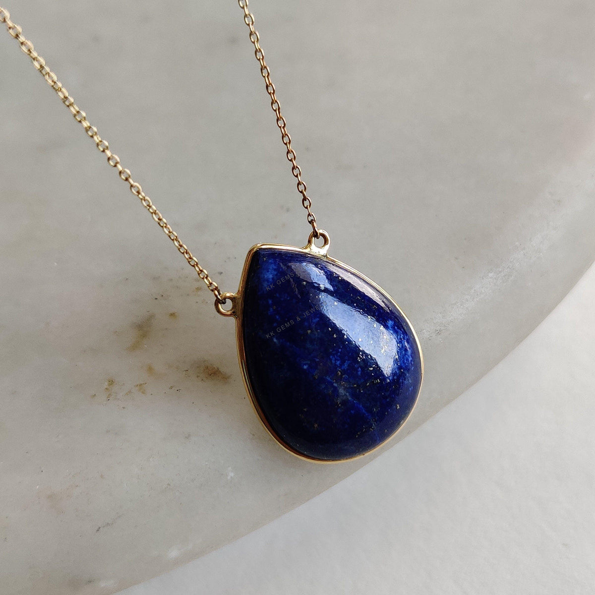 14K Solid Yellow Gold Natural Lapis Lazuli Pear Chain Necklace, September Birthstone