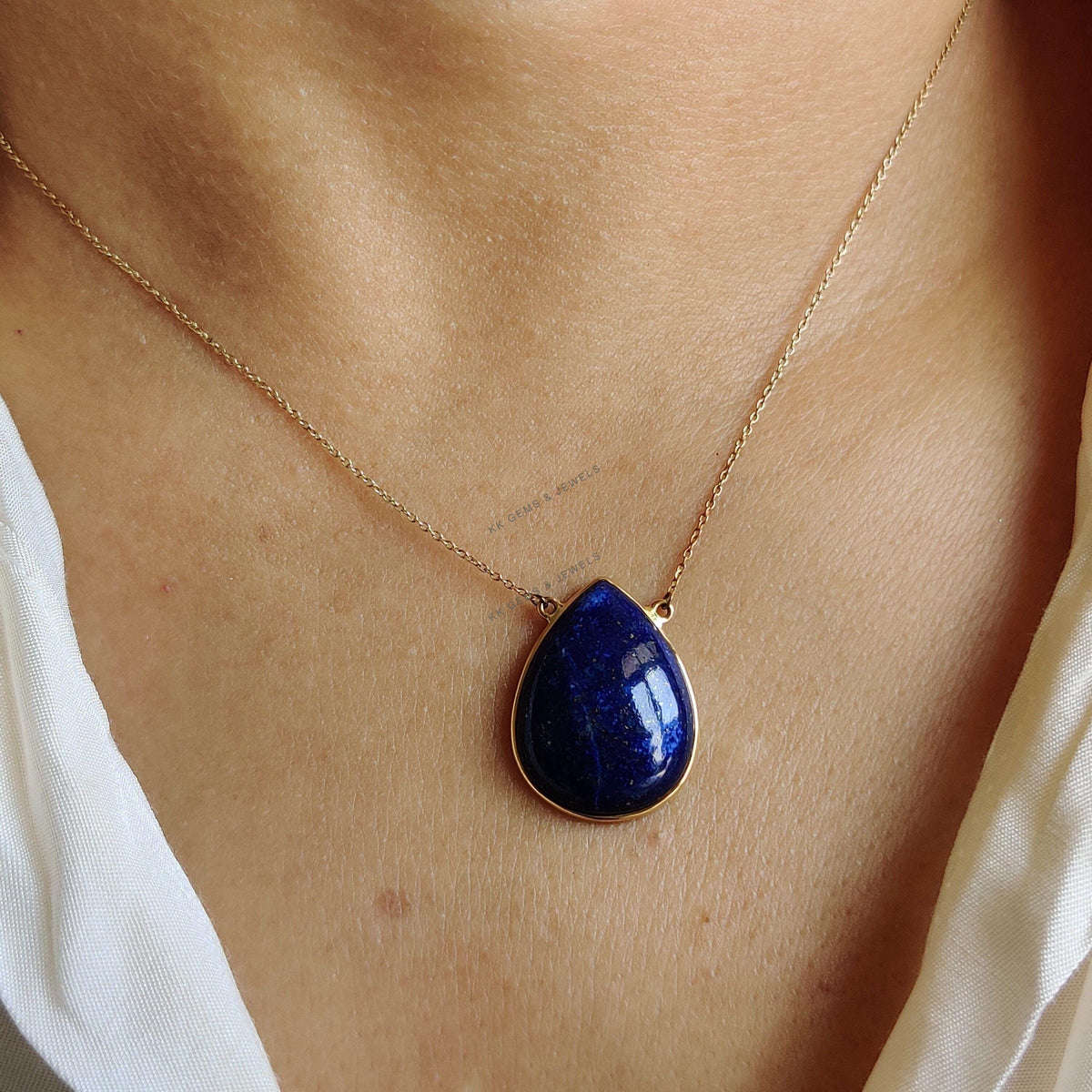 14K Solid Yellow Gold Natural Lapis Lazuli Pear Chain Necklace, September Birthstone