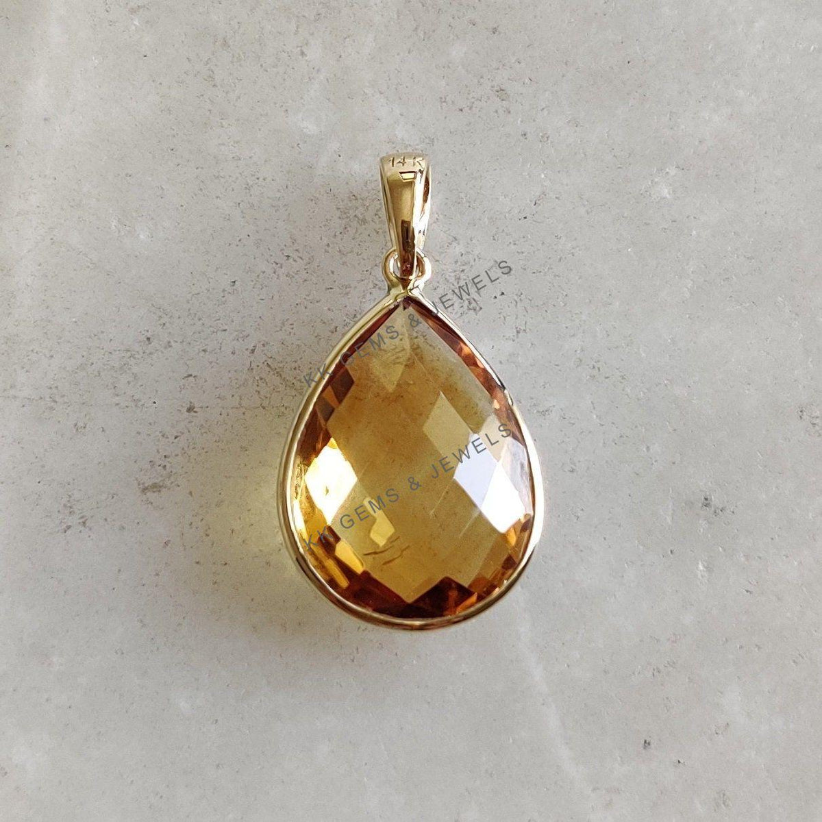 14K Solid Gold Natural Citrine Pear Bezel Pendant, November Birthstone