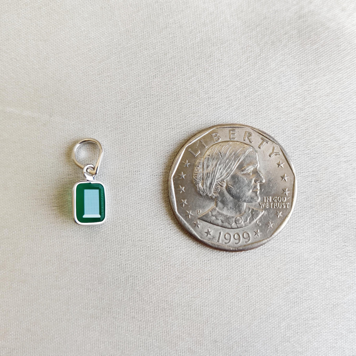 Emerald Cut Natural Green Onyx Pendant, 14K Solid White Gold, May Birthstone