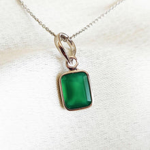 Emerald Cut Natural Green Onyx Pendant, 14K Solid White Gold, May Birthstone