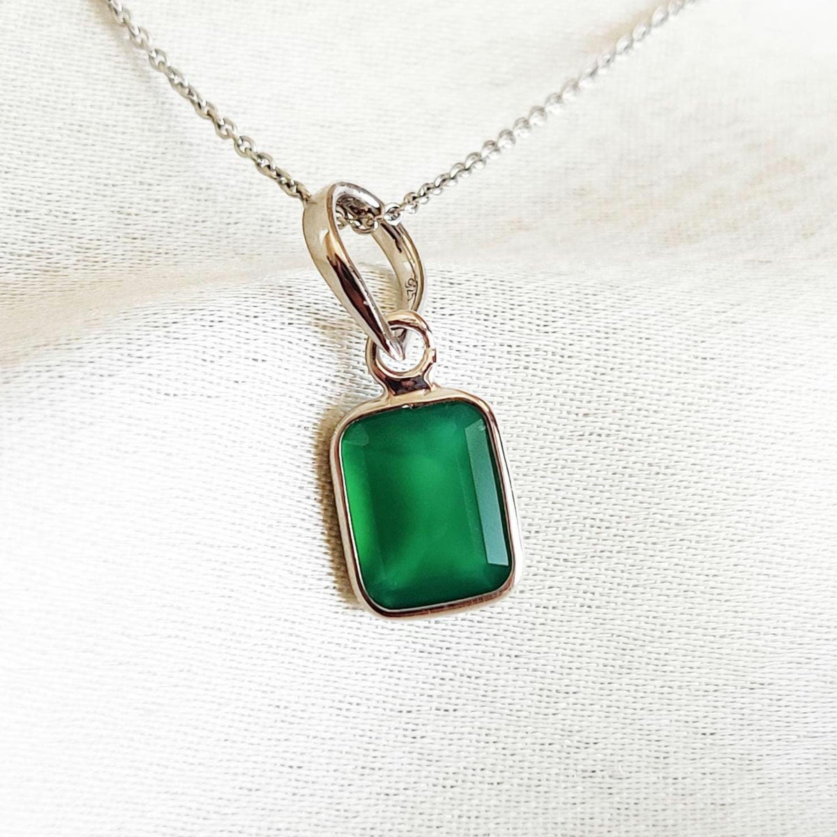 Emerald Cut Natural Green Onyx Pendant, 14K Solid White Gold, May Birthstone