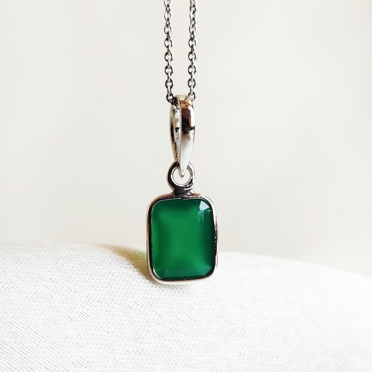 Emerald Cut Natural Green Onyx Pendant, 14K Solid White Gold, May Birthstone