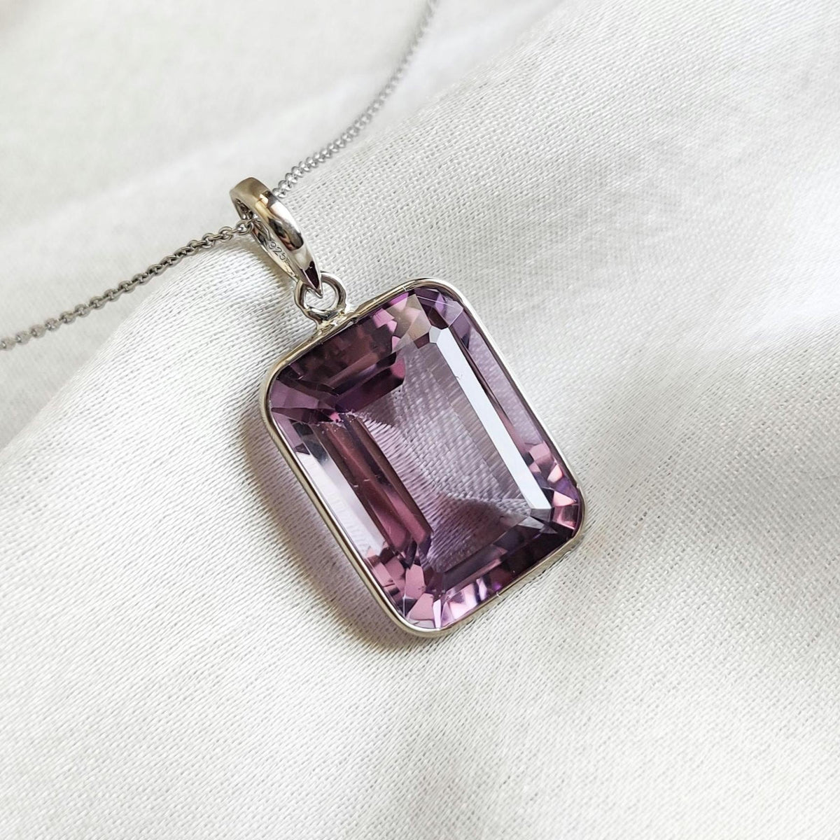 Emerald Cut Natural Purple Amethyst Pendant, 14K Solid White Gold, February Birthstone